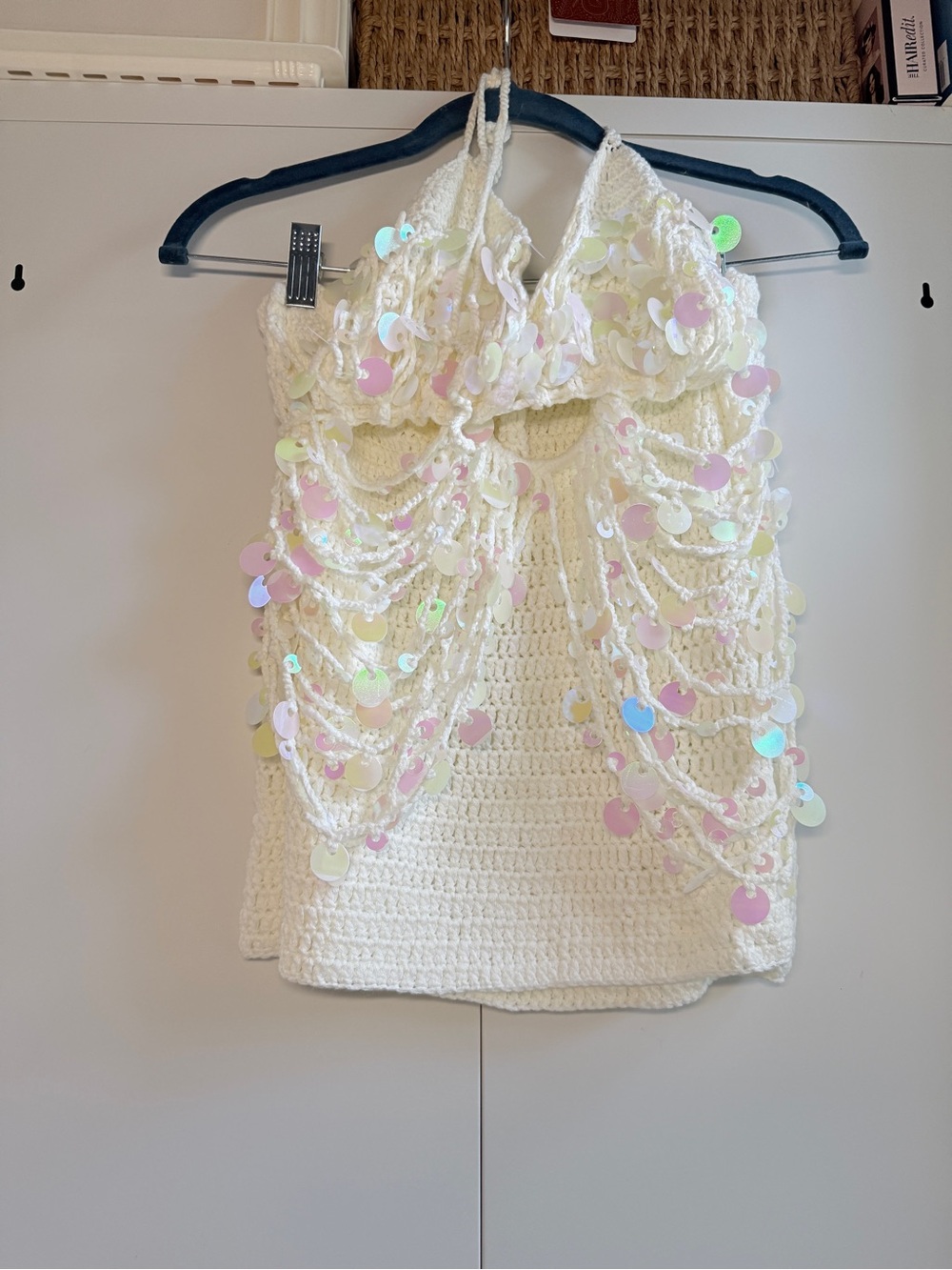 Handmade Crochet Halter Top with Iridescent Sequins